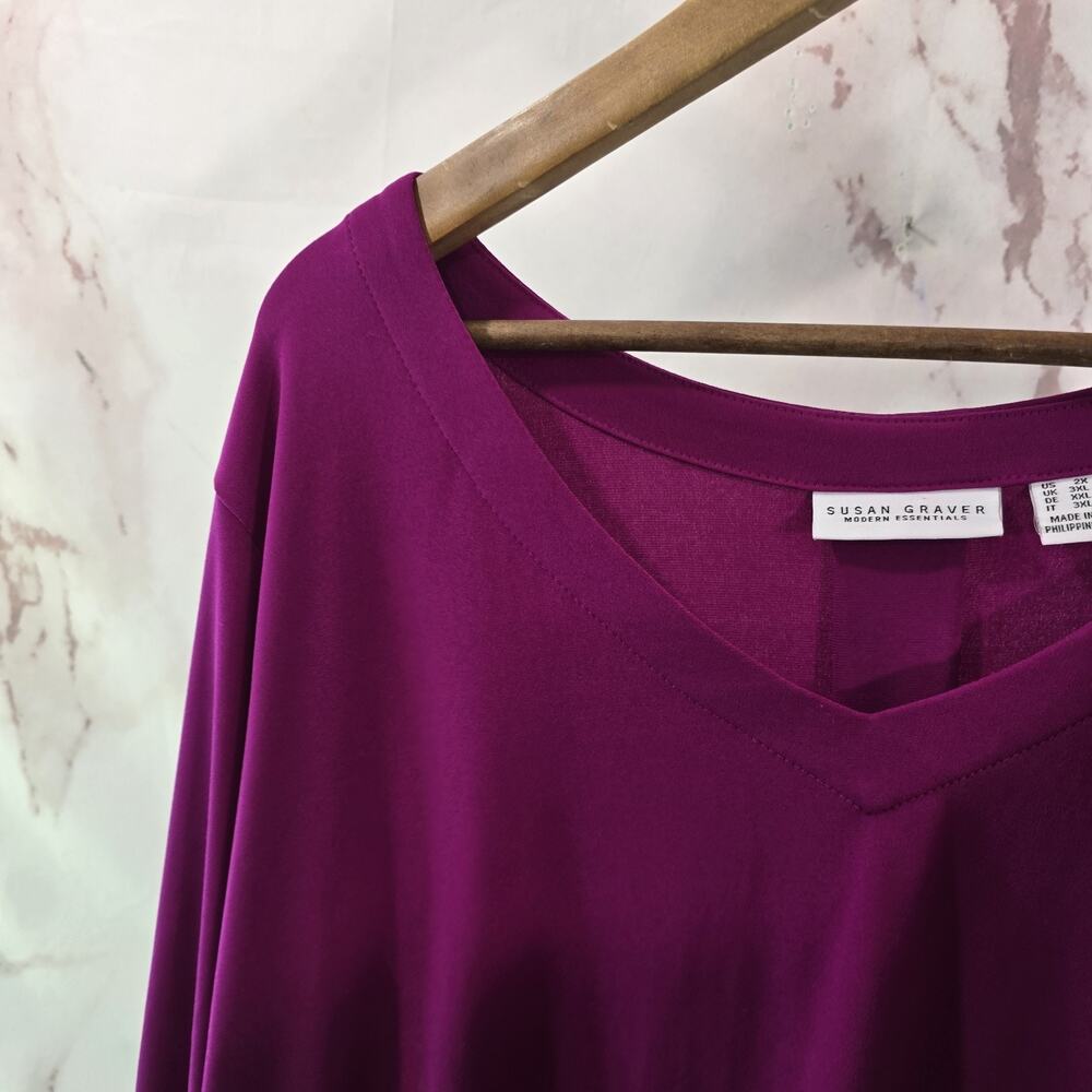 Susan Graver Shirt Womens 2X Purple Pink Stretch Blouse Long Sleeve V Essentials - Picture 2 of 10